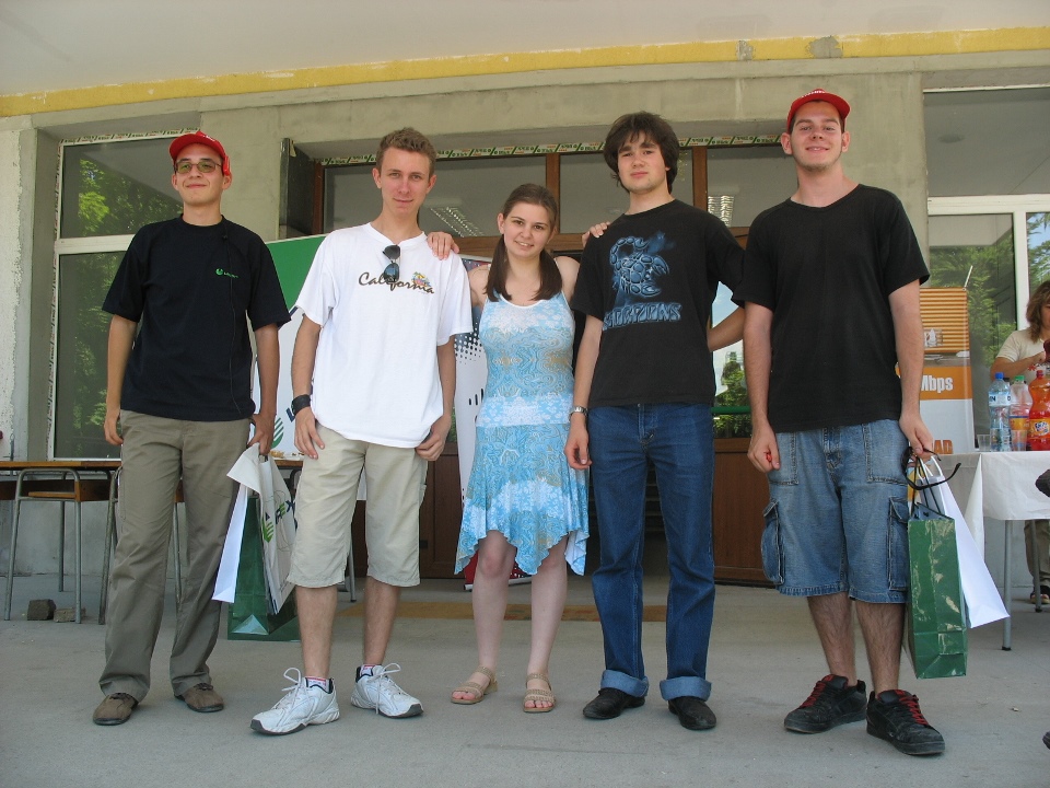 Групова снимка на ученици от Cisco Academy на ТУЕС с еднакви червени шапки